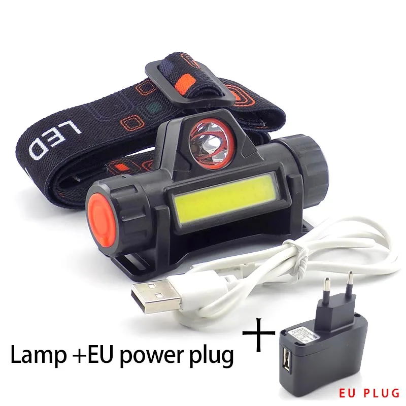 lamp with EU plug Мини USB порт перезаряжаемый налобный фонарь вспышка светильник 2 светодиодный COB XPE 6 режимов hoofdlamp головной светильник фонарь фронтальная ходовая лампа Высокая мощность - Испускаемый цвет: lamp with EU plug