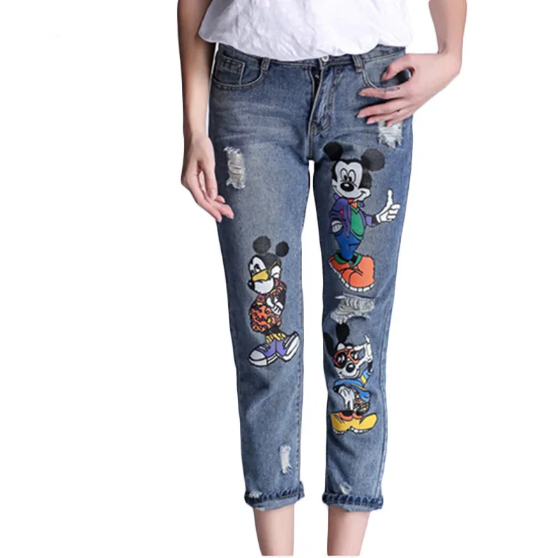 Blue 4XL Модные Узкие Джинсы бойфренда с высокой талией, женские джинсы с рисунком, Женские джинсовые штаны размера плюс, рваные джинсы для женщин - Color: Blue