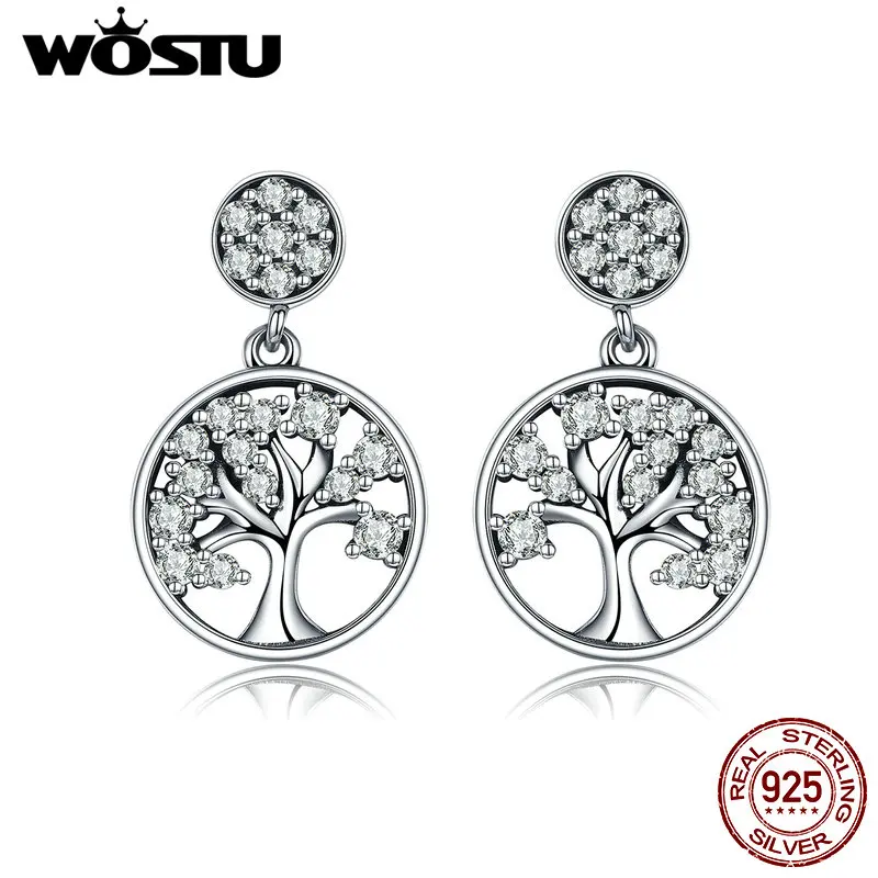 WOSTU,, 925 пробы, серебро, 3 цвета, древо жизни, серьги-гвоздики для женщин, роскошные S925 серебряные ювелирные изделия, подарок CQE321
