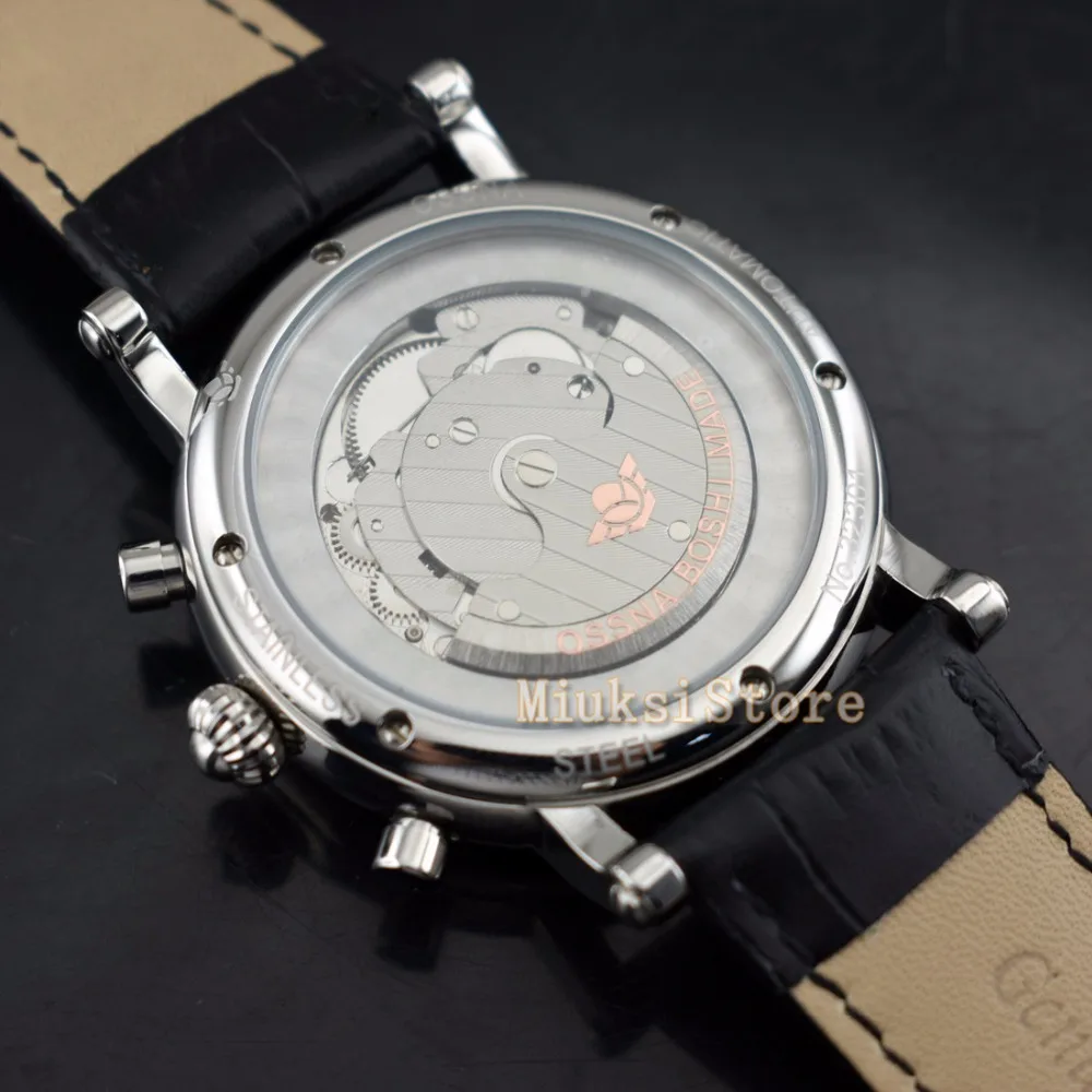 Luxury Fashion Brand OSSNA 42mm Silver White Automatic Date and Day Classic Leather Men's Machinery Watch Gift | Наручные часы