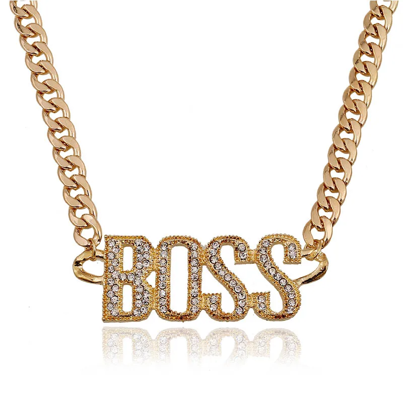 Punk Crystal Letter Boss Pendant Necklaces Gold Silver Color Long Cuban Chain Necklace Hip Hop Choker Jewelry for Men Women