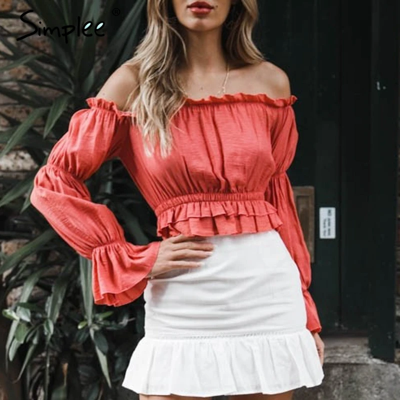 Simplee сексуальная с открытыми плечами оборками рукав фонарик короткая блузка