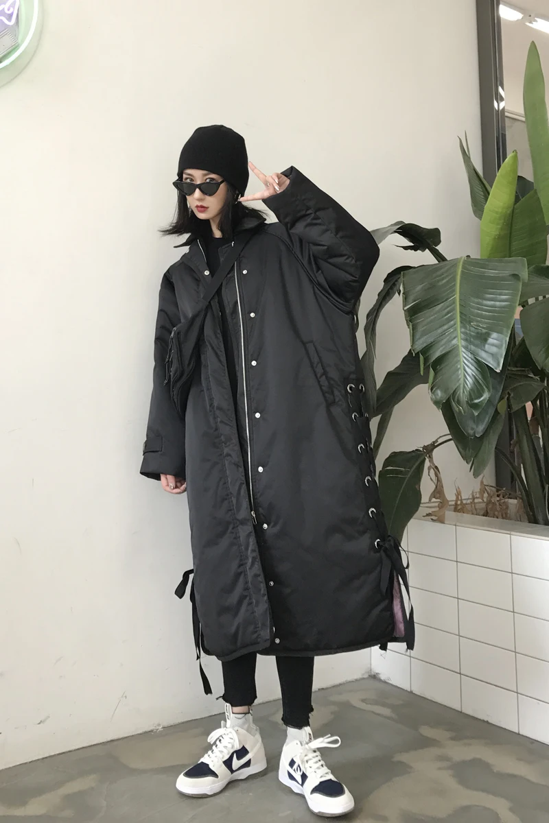 Fashion long side tie with a coat of cotton women thickened loose black joker. | Женская одежда