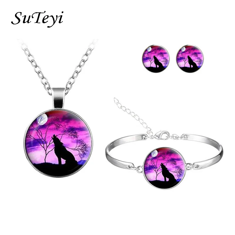 SUTEYI Trendy Moon Howling Wolf Jewelry Sets Handmade Glass Dome Animal Necklace Bracelet Earrings For Women Gift | Украшения и