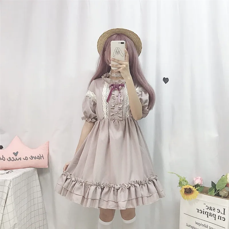 Kawaii/японское платье в стиле Лолиты; платье для женщин; мягкое платье для девочек; милое платье феи с кружевными рукавами-фонариками