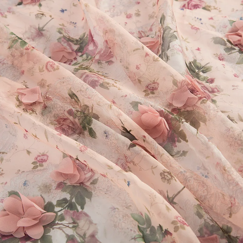Chiffon flower embroidery pink women's dress fabric curtain three-dimensional | Дом и сад