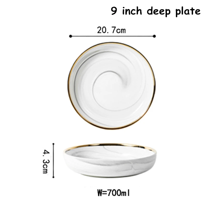 9 inch deep plate Столовая тарелка набор столовых приборов мраморный ваджилла поднос керамический золотой край блюдо столовая посуда набор салатные блюда круглые подносы для продуктов питания посуда 1 шт - Цвет: 9 inch deep plate