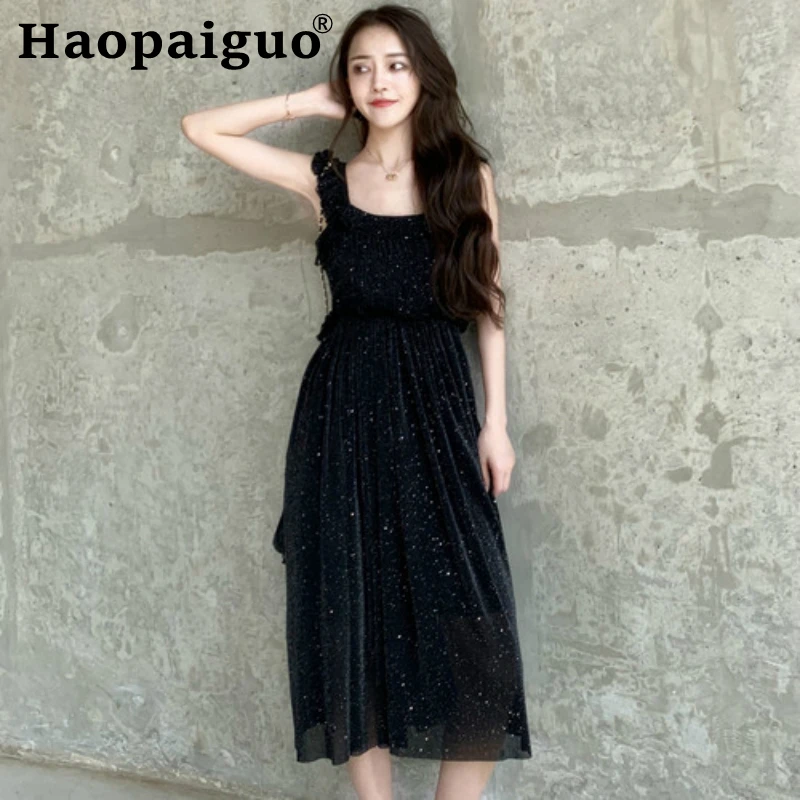Plus Size Korean Sequin Dress Women Big Swing Midi Casual Black Vintage Elegant Dresses Ladies Vestidos Verano 2019 | Женская одежда
