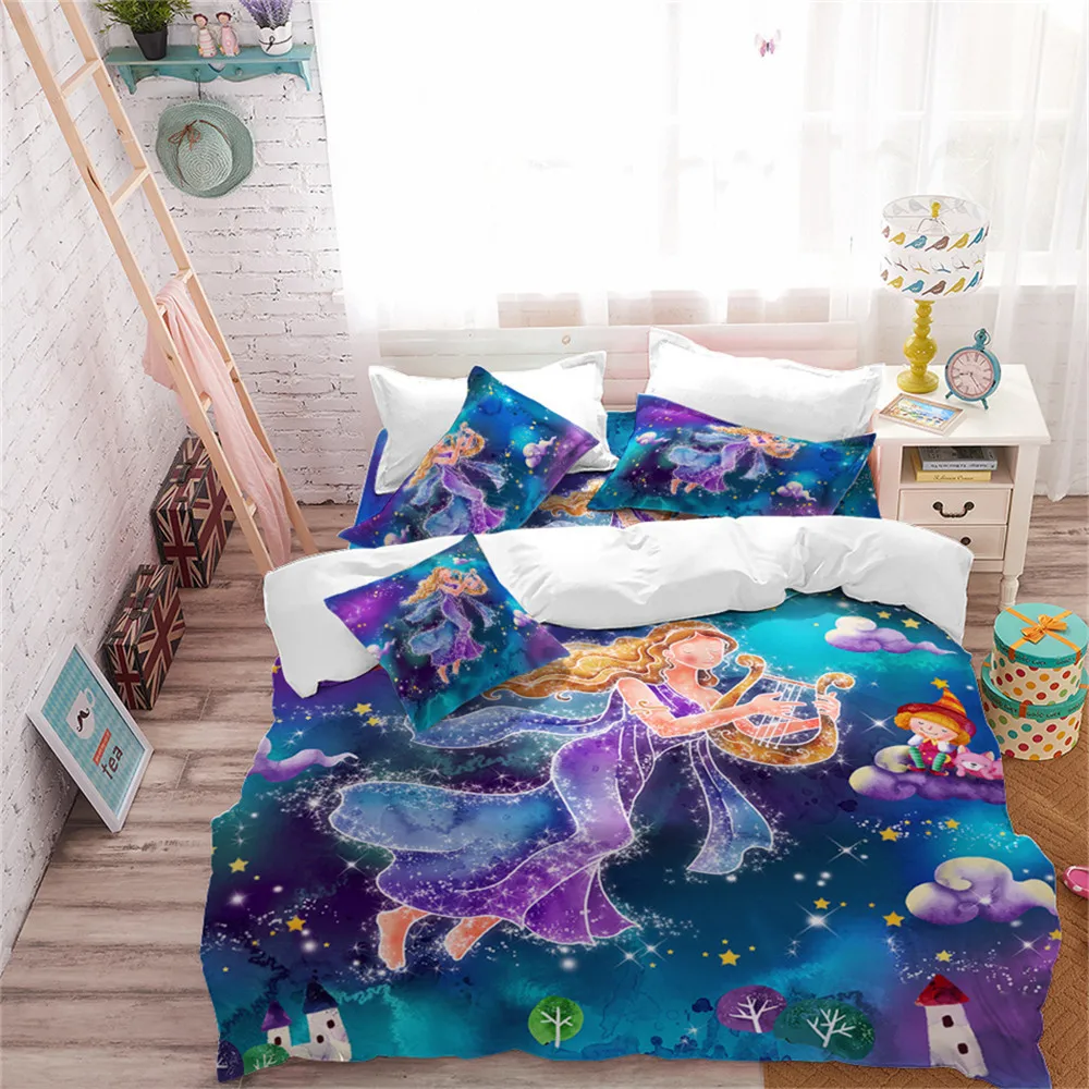 Girls Princess Cartoon Bedding Set Colorful Virgo Constellation Duvet Cover Galaxy Print Twin Queen King Size D25 | Дом и сад