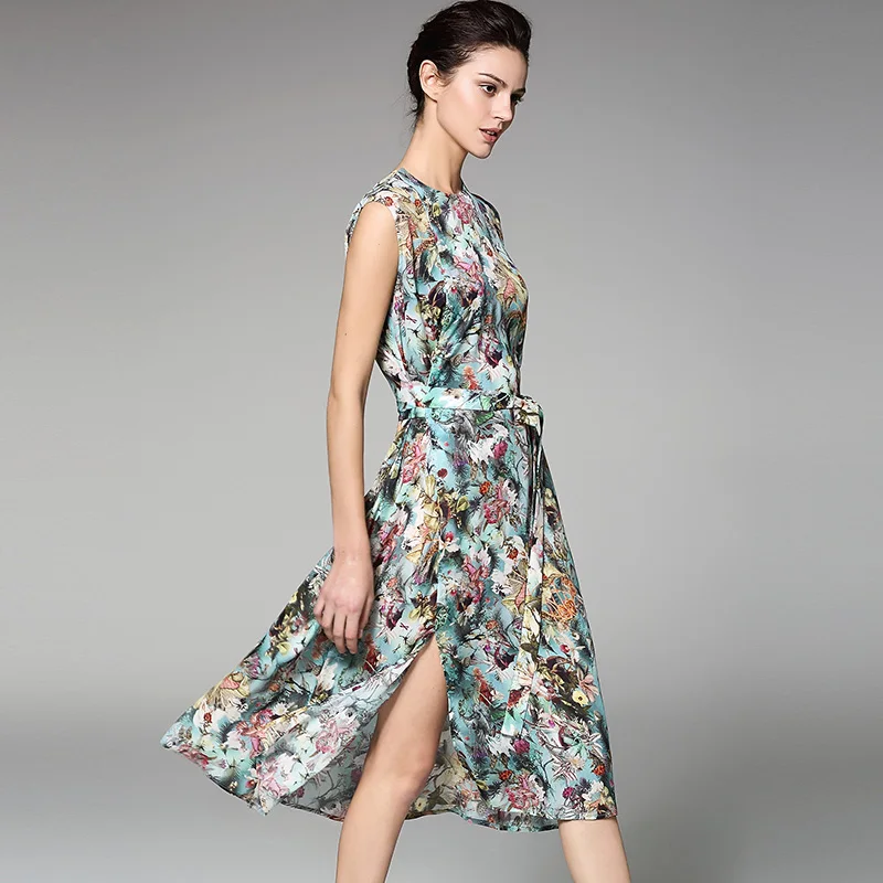 POKWAI повседневное летнее шелковое платье высокого качества Женская мода 2017 новое