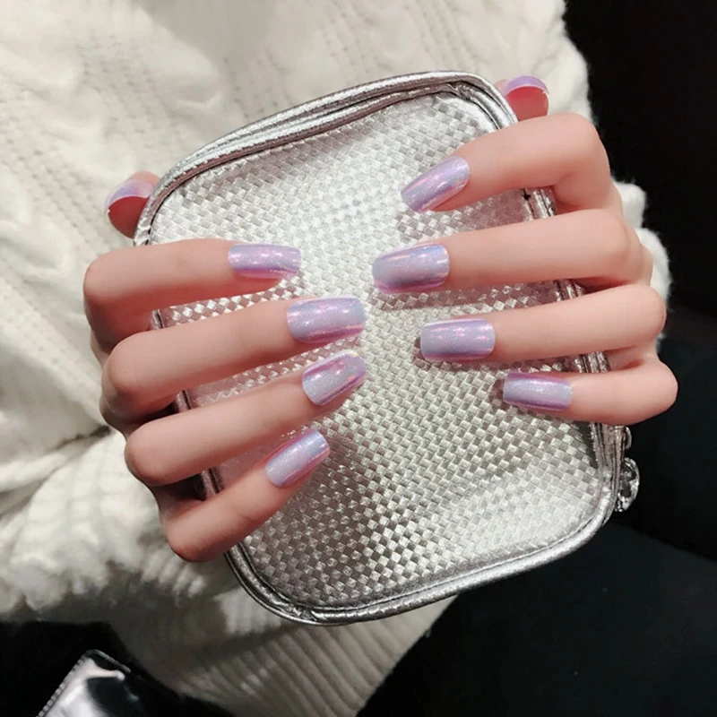 Holo Chameleon Pink False Nails Tips Reflective Metallic Mirror Abalone Square Fake Nail Full Cover Fuax Ongles | Красота и здоровье