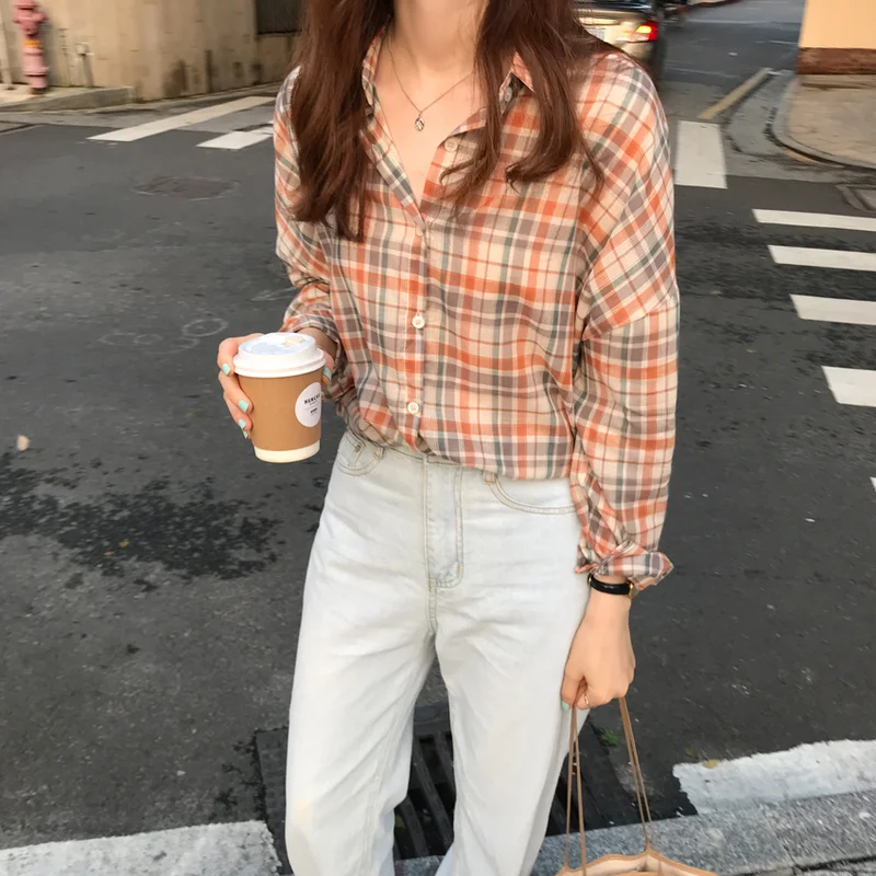 

Trend temperament Women's Clothing casual plaid loose turn-down collar full Spring and autumn style cardigan ladies tops shirts