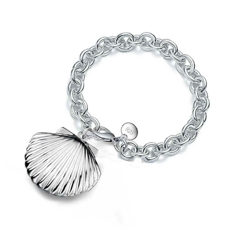 

Charms Fashion Factory Price 925 Sterling Silver Chunky Chain Bracelet Shell Shape Photo Locket Bracelets Elegant Jewelry