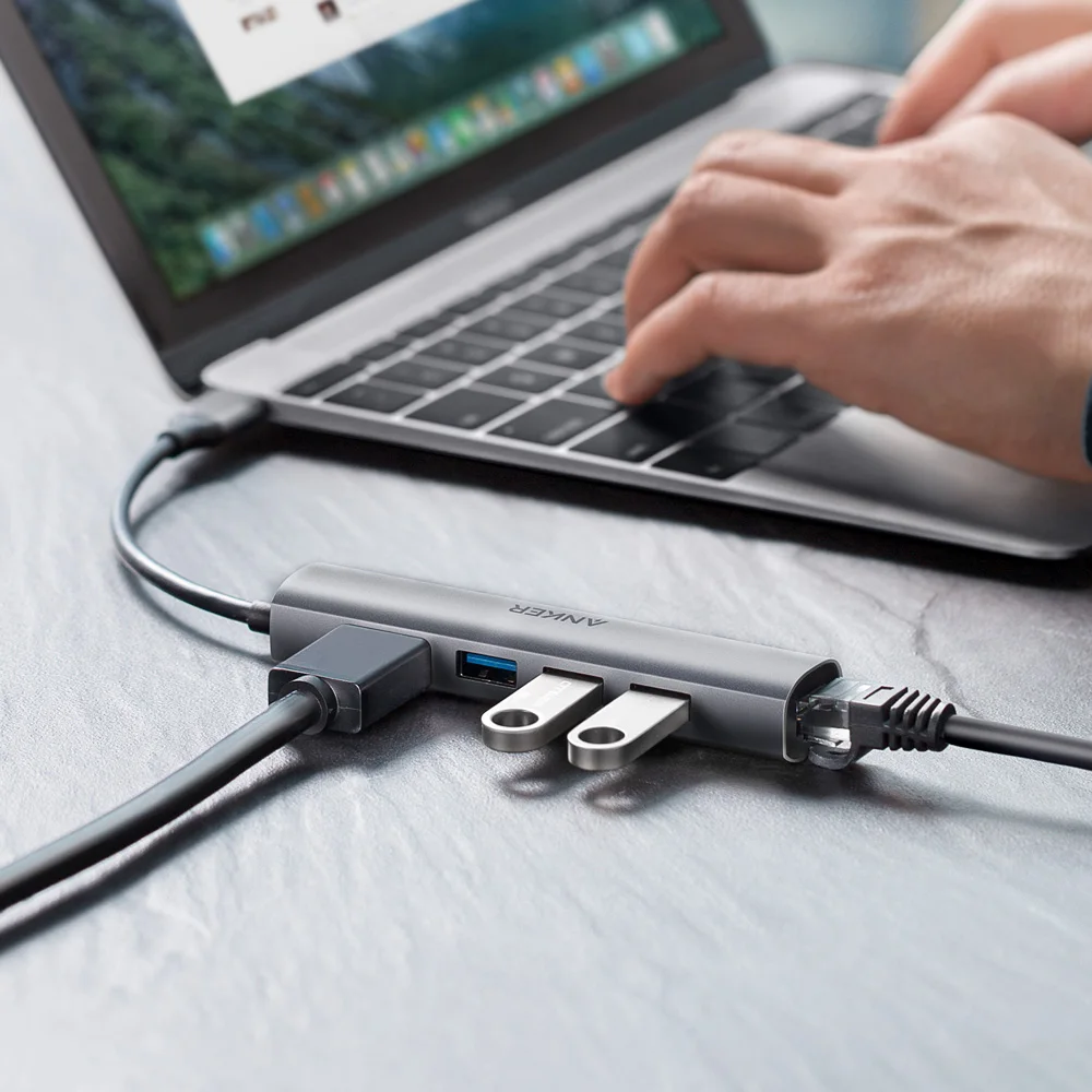 Anker USB C концентратор USB, 5 в 1 взаимный обмен данными между компьютером и периферийными устройствами C адаптер с 4K кабель-Переходник USB C на HDMI, Ethernet, Порты и разъёмы, с 3 портами(стандарт 3,0 Порты, для MacBook, ChromeBook, XPS и многое другое
