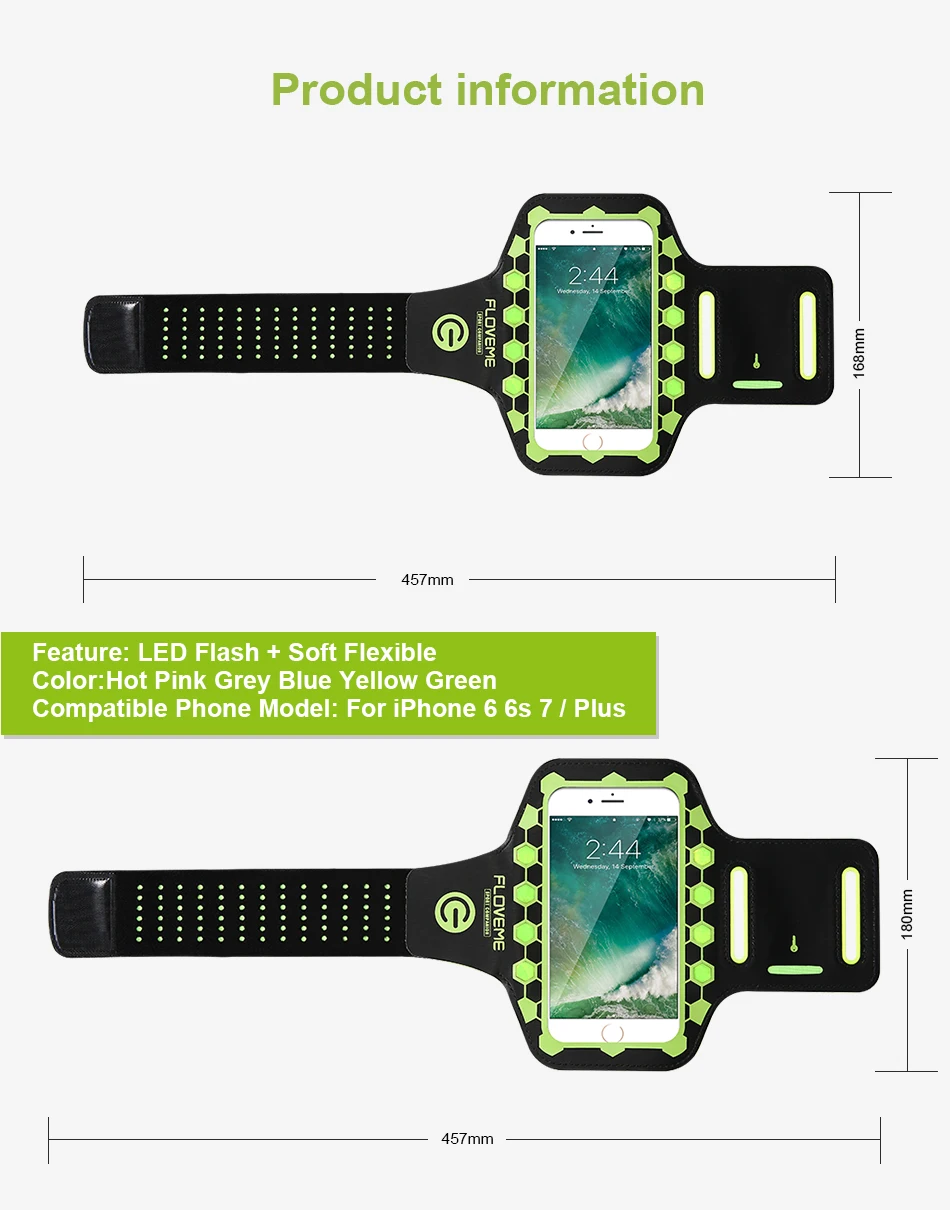FLOVEME светодио дный Armband Универсальный мобильный телефон Тренажерный зал повязки Фитнес сотовый телефон сумка чехол для мобильного телефона iPhone 7 6 6S Plus 8