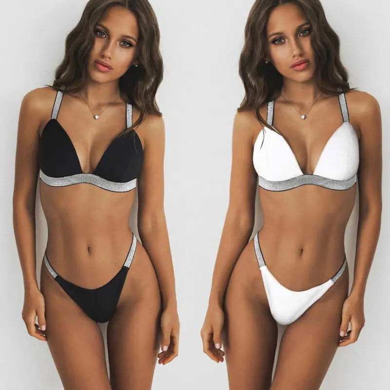 

2PCS Summer Women Sexy Swimwear Solid Color Crystal Push-up Padded Bandage Bra Tops+Thong Bottoms Bikini Sets Triangle Swimsuit