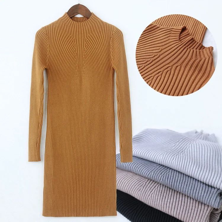 Тонкое длинное трикотажное мини платье с круглым вырезом vestido зимний свитер для