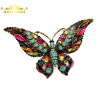 vintage art deco multicolored crystal statement large butterfly brooch gold tone teal green accent color wing big butterfly pins