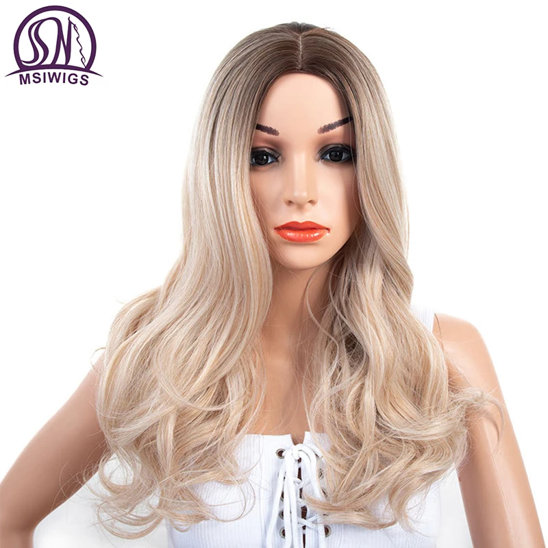 

MSIWIGS Lady Synthetic Wigs Curly Long Natural Ombre Blonde Wig for Women Silver Grey 21 Inches Heat Resistant Hair