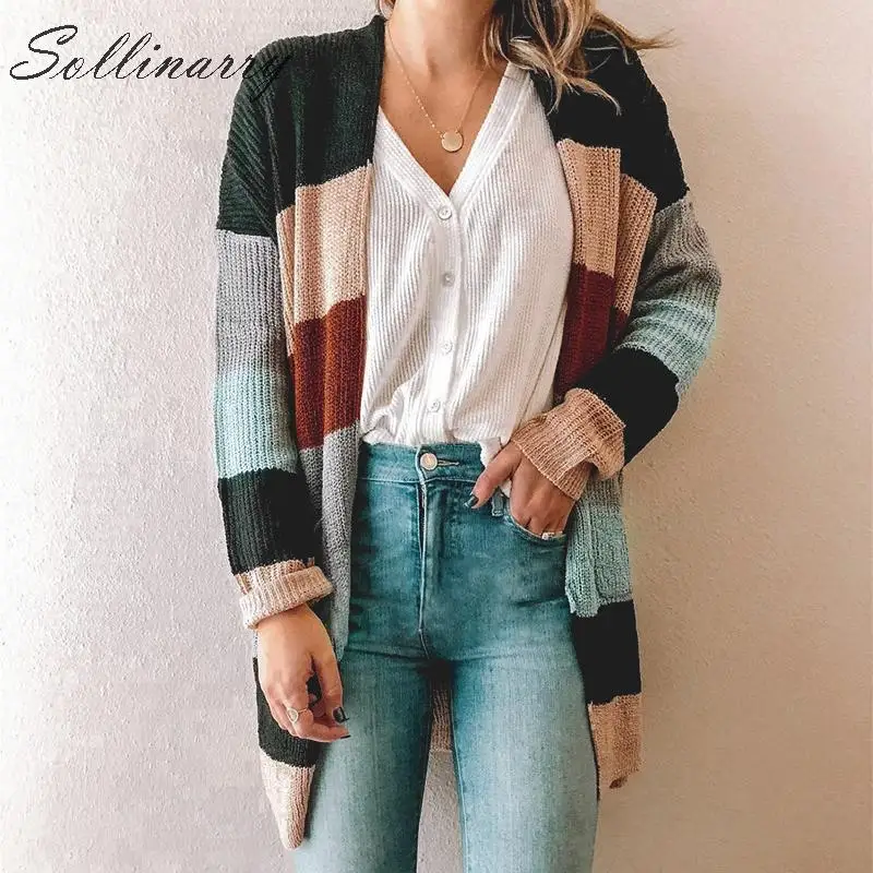 Sollinarry Long Sleeve Autumn Women Sweater Cardigans Casual Patchwork Rainbow Strip Knitted Winter Cardigan Female Chic Coat |
