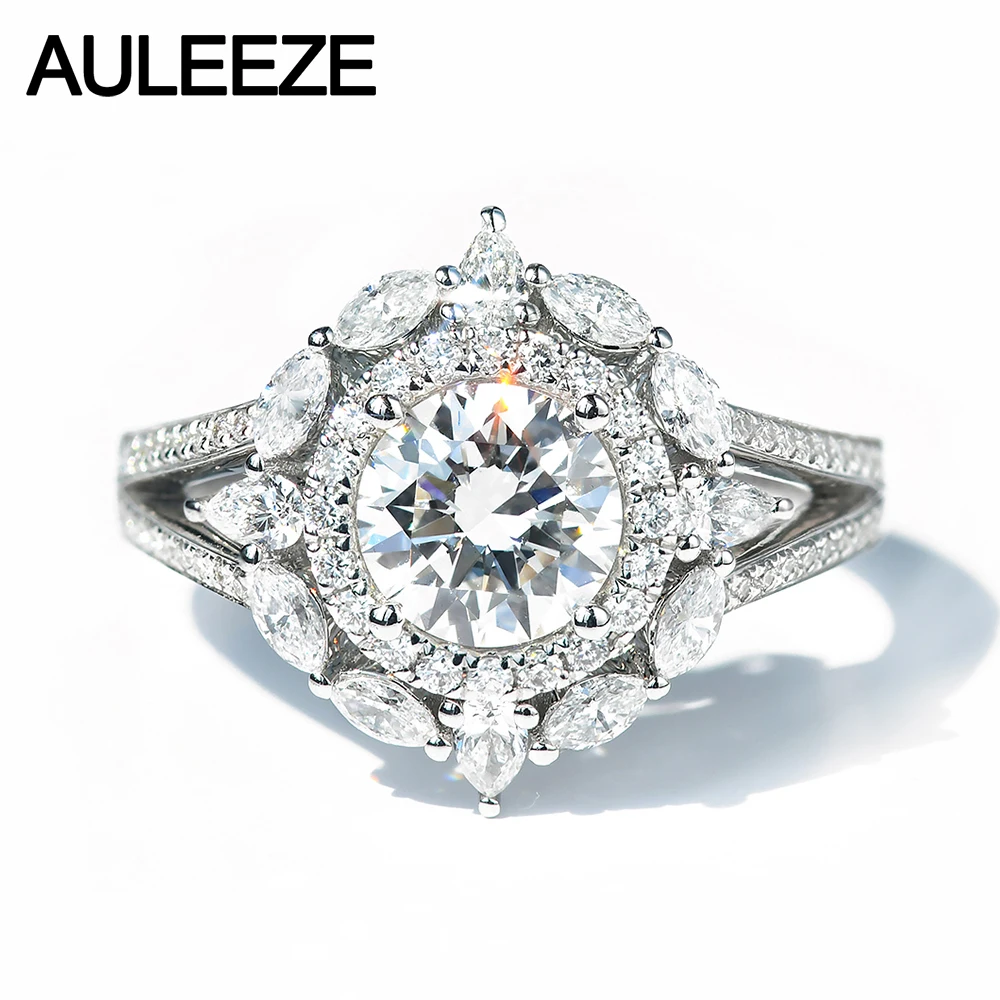 

AULEEZE Luxury 1CT Moissanite Ring Real 14K White Gold Engagement Ring Cluster Setting Lab Grown Diamond Wedding Rings Women