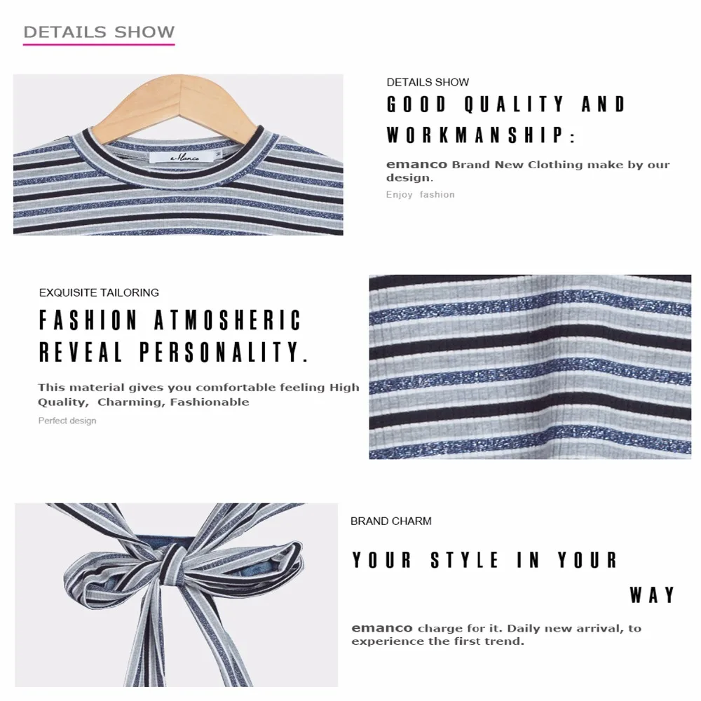 e-Manco new casual summer women stripes design Slim long-sleeved T-shirt Tops | Женская одежда