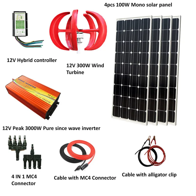 

700W Wind Solar Power System: 400W mono solar panel,300W Wind Turbine Generator,peak 3000w pure since wave inverter, controller