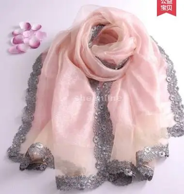 A5 pink 22 цвета высокого качества, блестящие двухслойный шелк органза длинный шарф осень зима теплая обертка этнические пашмины с кружевной окантовкой - Цвет: A5 pink