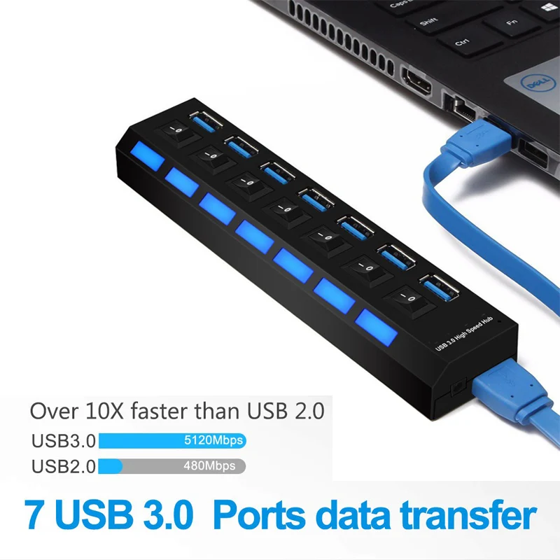USB Hub 3 0 высокоскоростной 5 Гбит/с 7 портовый концентратор разветвитель вкл/выкл