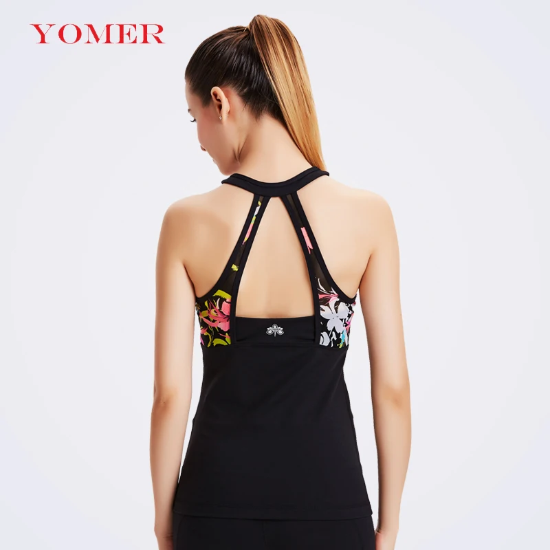 Yomer сексуальный цветок печатных Для женщин рубашка Йога Топ быстрый сухой Бег