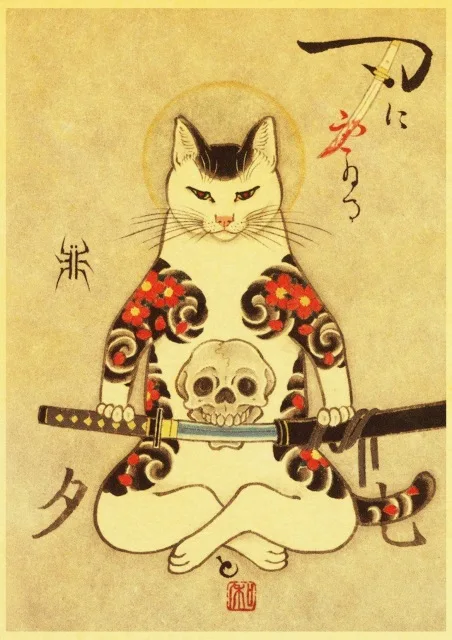 BO xianru1421-05 Украшение дома, холст, живопись, настенные художественные картины, принты, японский самурай, тату Кот, скандинавский стиль, модульный плакат для гостиной - Цвет: BO xianru1421-05