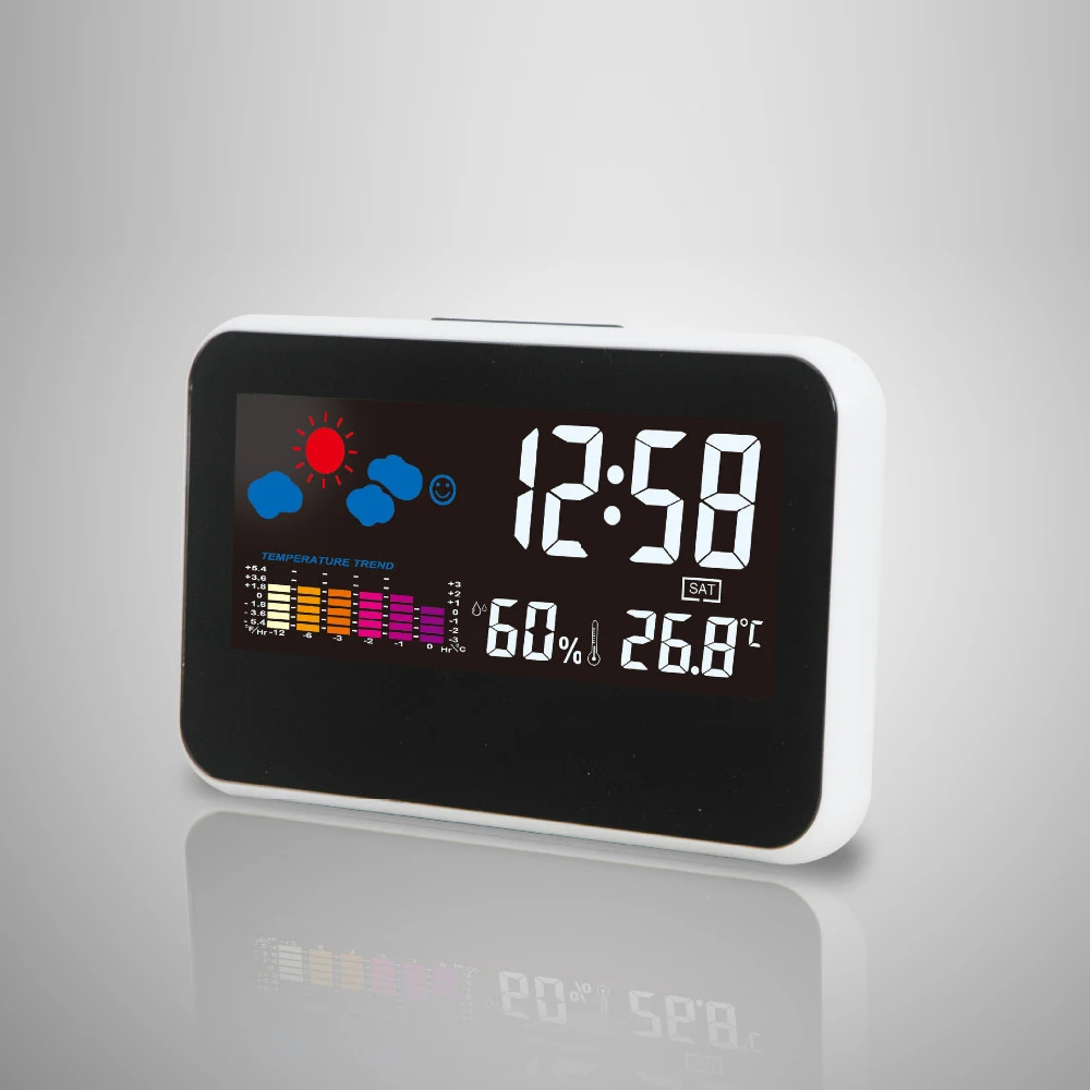 

Hot sale Snooze Alarm Clock With Colorful LED Backlight Weather Station Electronic Desktop Clock LCD Digital Reloj despertador