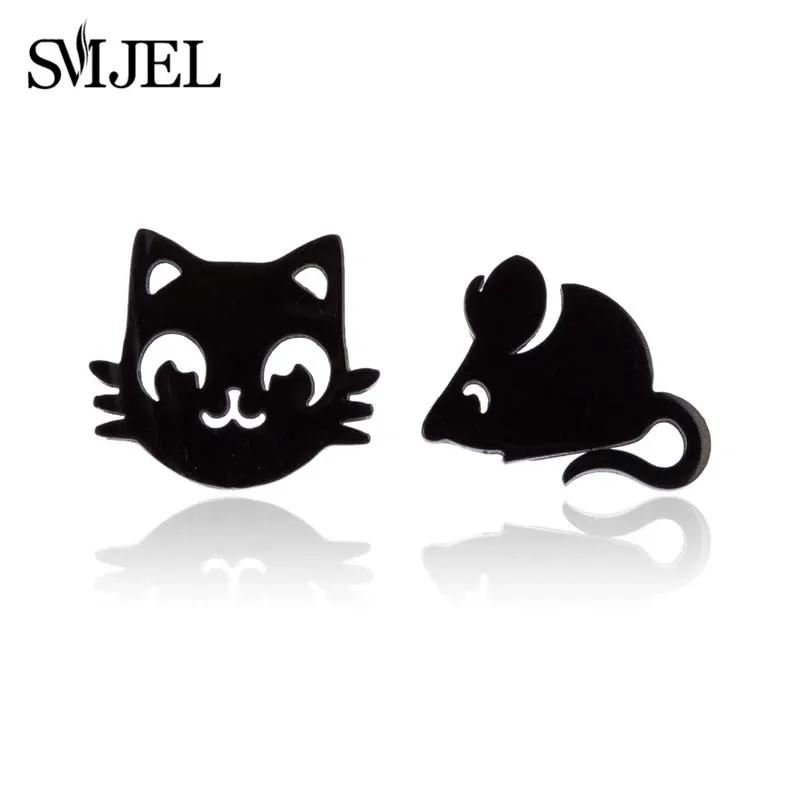 SMJEL крошечные серьги-гвоздики с котом и мышкой для женщин золотого цвета, ювелирные изделия Том Джек, серьги с мультяшными животными Микки Маусом, детские подарки, brincos - Окраска металла: С черным покрытием, нанесенным краскопультом