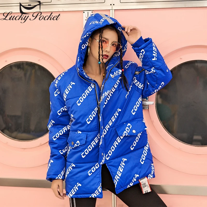 Winter Women New Blue Thick Warm Hooded Parkas Female Fashion Harajuku Letter Print Jacket Loose Plus Size Long Sleeve Coat Z998 | Женская
