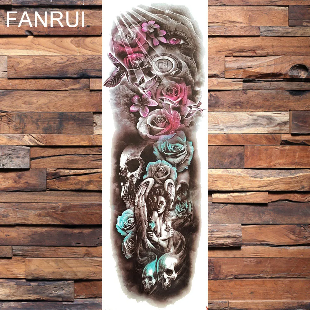FANRUI Goddess Of Wisdom Athena Temporary Tattoos Full Arm Black Sun God Tattoo Sticker Long Flowers Water Transfer Fake Tatoos | Красота и