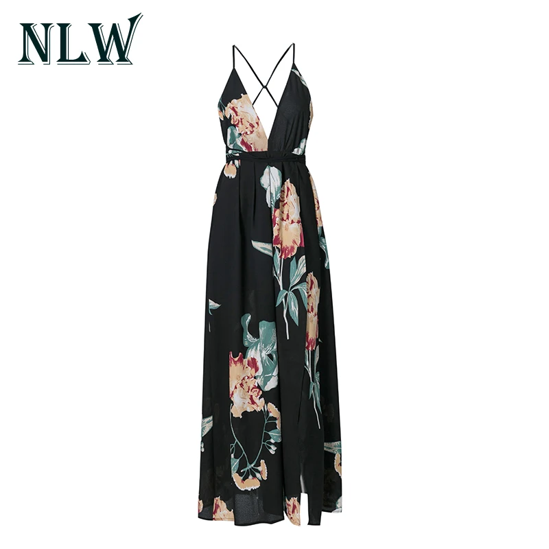 NLW цветочный принт Boho женские платья 2019 летние пляжные вечерние с v-образным
