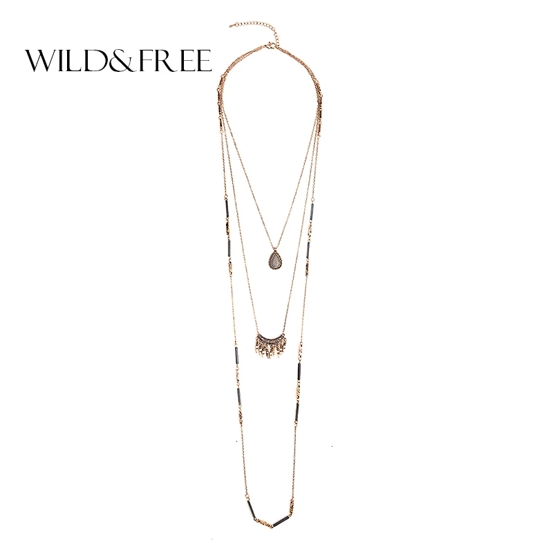 

Women Boho Zinc Alloy Tassel Pendant Necklace Vintage Antique Gold Color Plating Water Drop Pendant Long Chain 3Layer Necklace