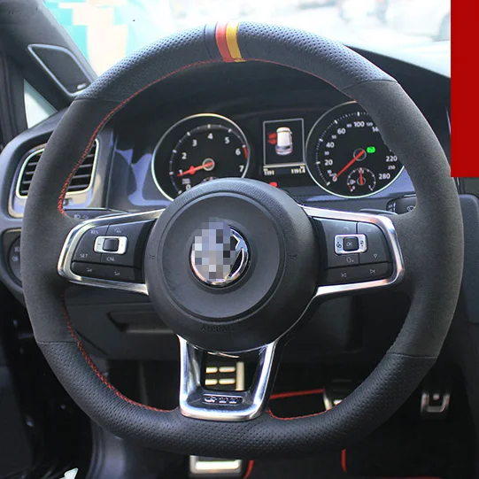

For VOLKSWAGEN Golf 7 High Quality Hand-stitched Anti-Slip Black Leather Red Thread DIY Steering Wheel Cover