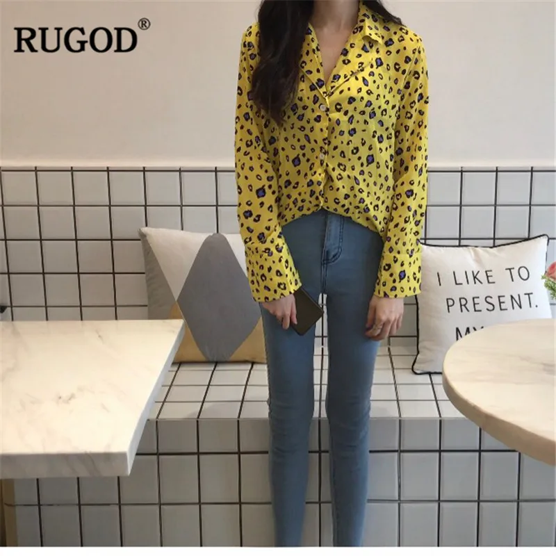 RUGOD/желтые блузки с леопардовым принтом элегантные рубашки отложным воротником