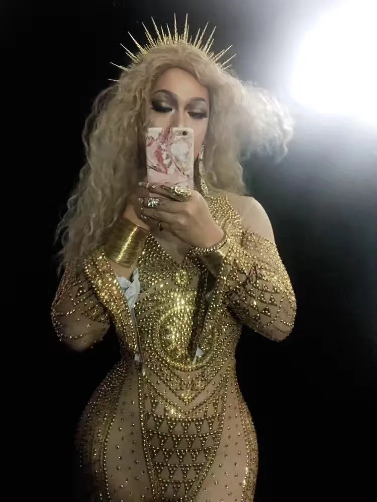 Женский костюм певицы с яркими кристаллами сексуальный комбинезон для