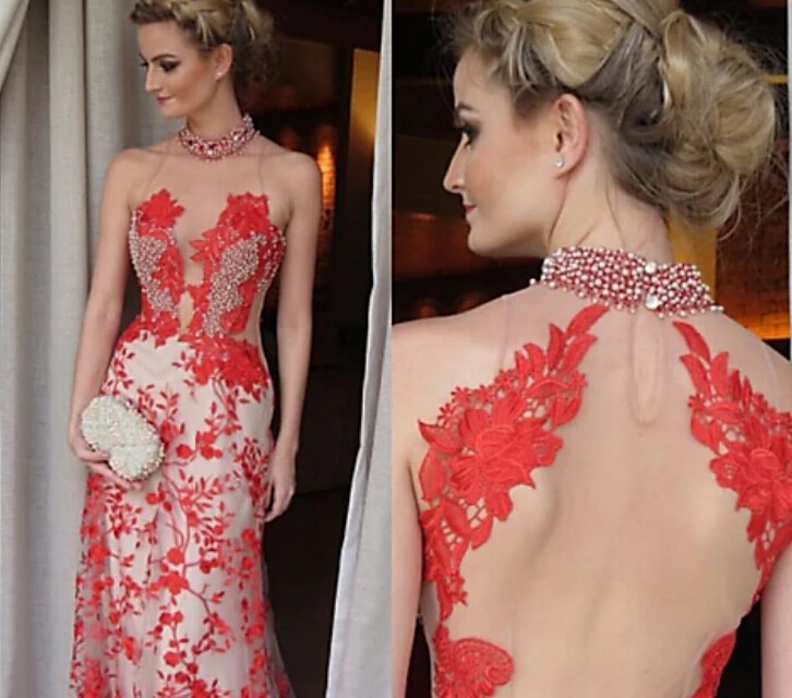 cheap halter champagne and red lace mermaid open back prom dresses gowns long high slit hottest formal | Свадьбы и торжества