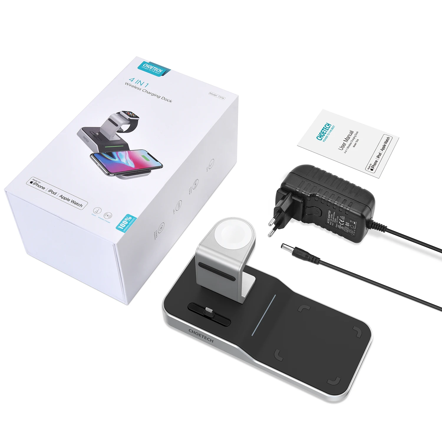 CHOETECH 4in1 7,5/10 Вт Сертифицированный MFi Беспроводной Зарядное устройство Док-станция для iPhone XS/Xr/X/8 подставка для наручных часов iWatch серии 1/2/3/4 AirPod