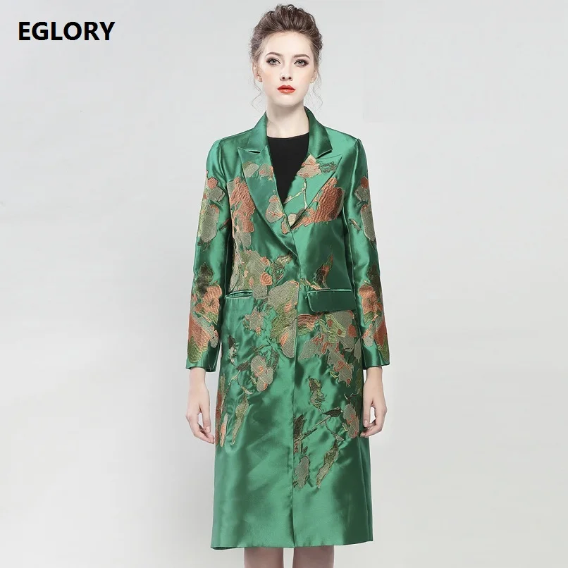 

XXL Coat Trench New 2020 Autumn Winter Women Floral Embroidery Covered Button Medium-long Overcoats Outwear Windbreaker Green