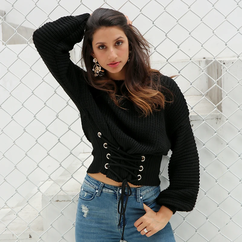 Simplee Lace up Теплый вязаный женский свитер | Женская одежда