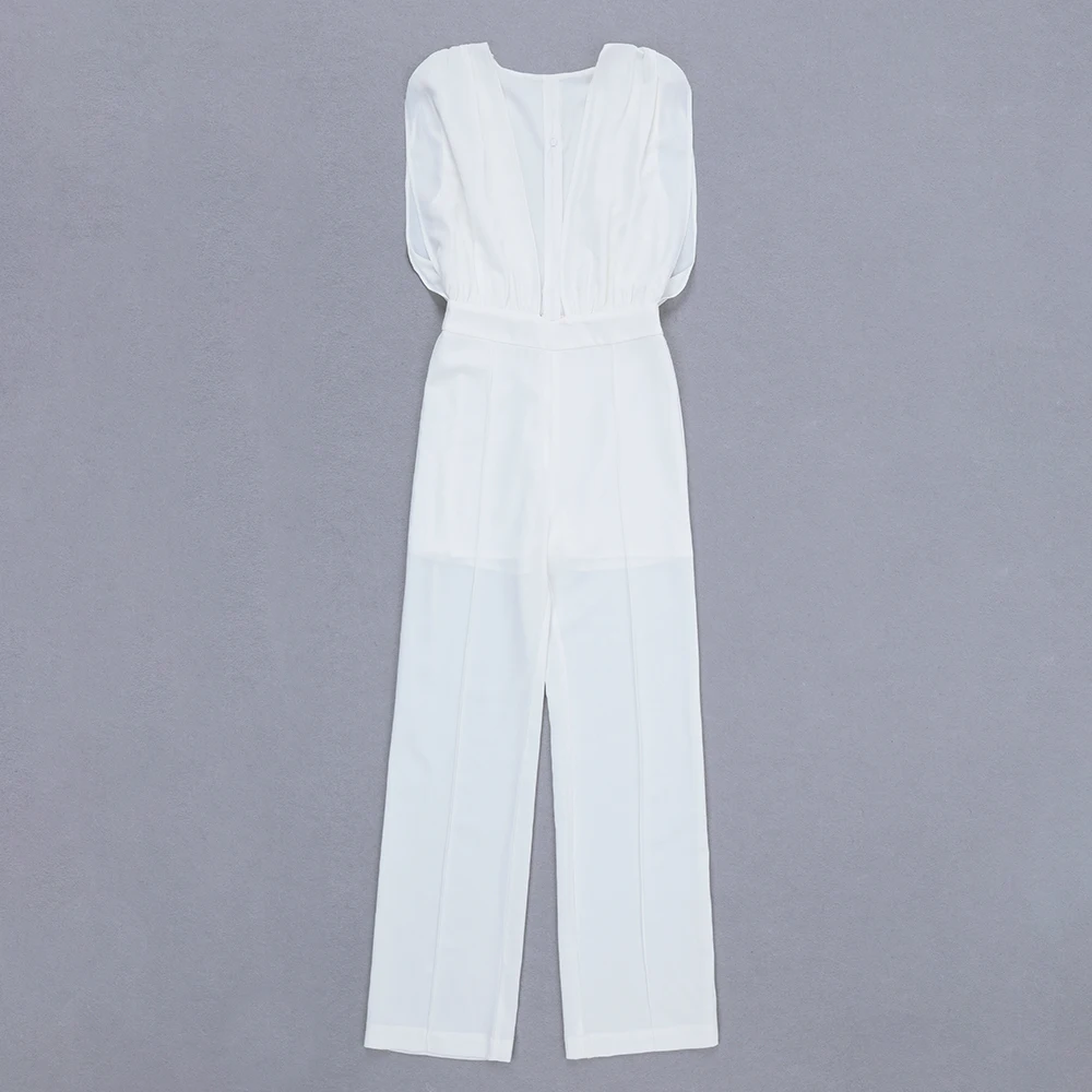 Женский комбинезон без рукавов белый бандажный с v-образным вырезом и открытыми