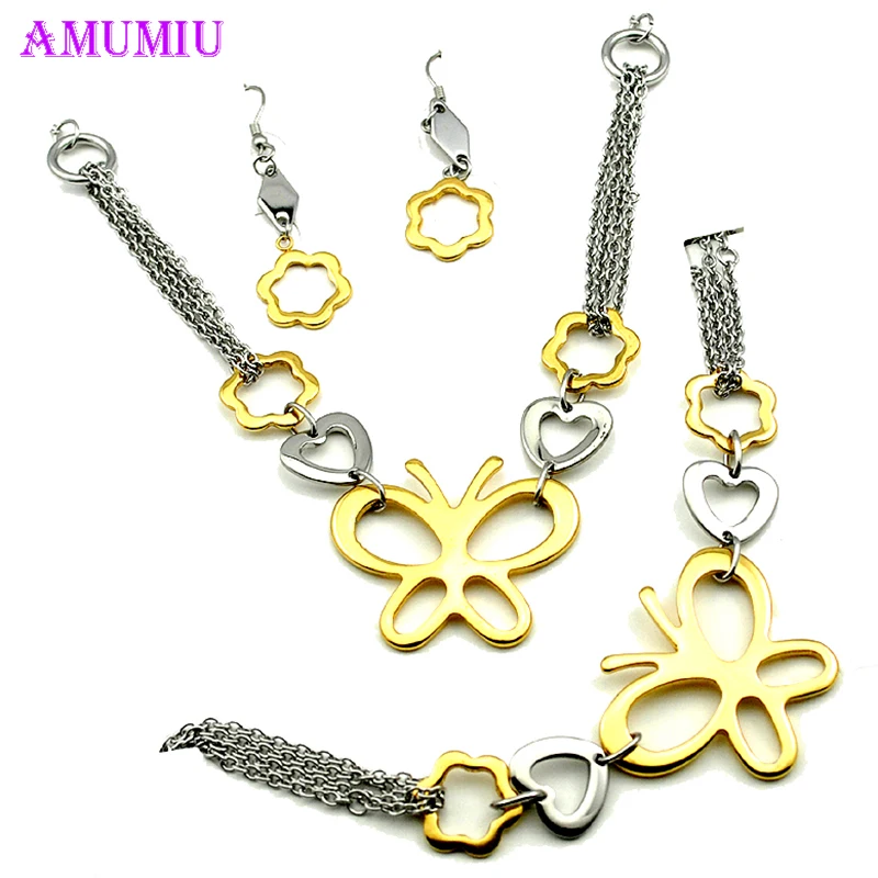 

AMUMIU Fashion Butterfly Heart Silver Gold Color Jewelry set 316L Stainless Steel Necklace Earring Bracelet Womens Brand JS120