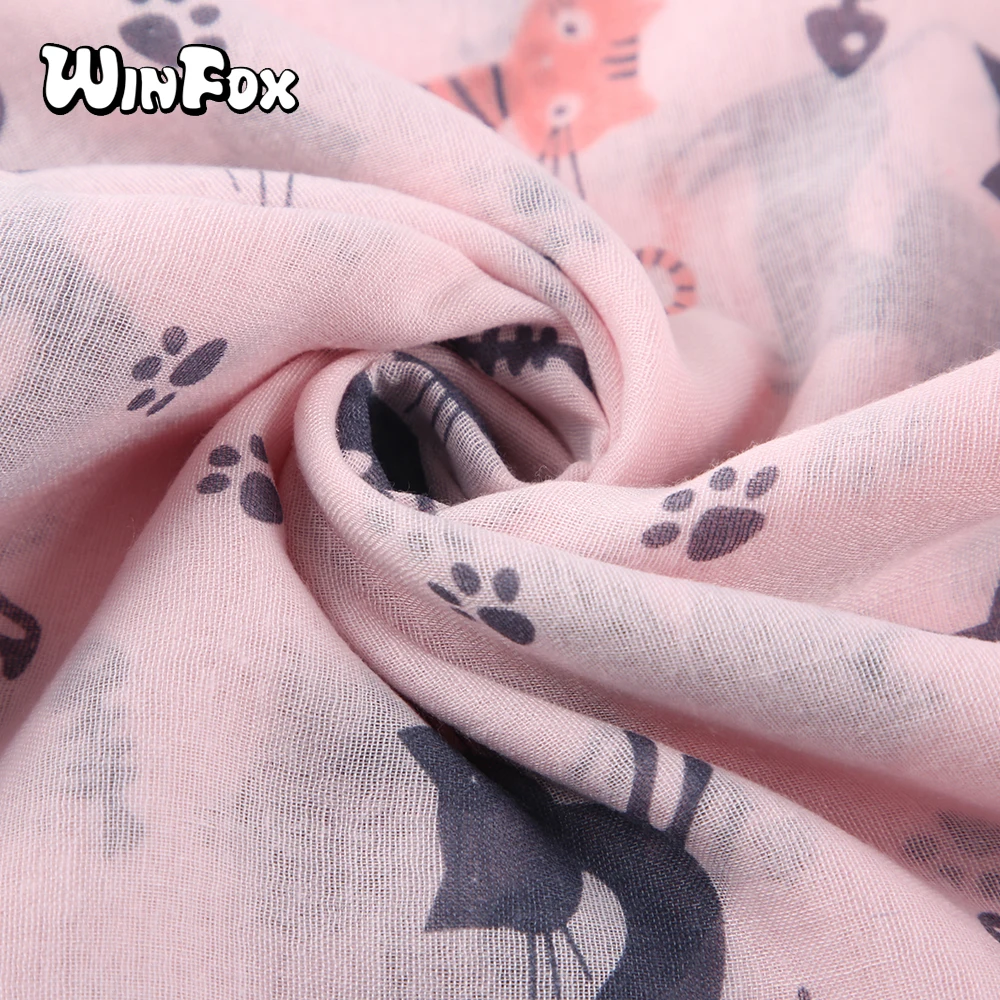 Winfox Kawaii Cat Paw Fish Шарф серый розовый женский с животным принтом мягкие длинные