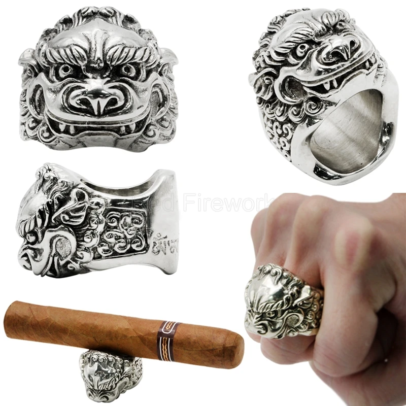 

Round Cigar Ring Sterling Copper Ring Tang Dynasty Lion Jewelry Cigar Cigarette Holder 1 Cigar Ashtray Fit COHIBA Business