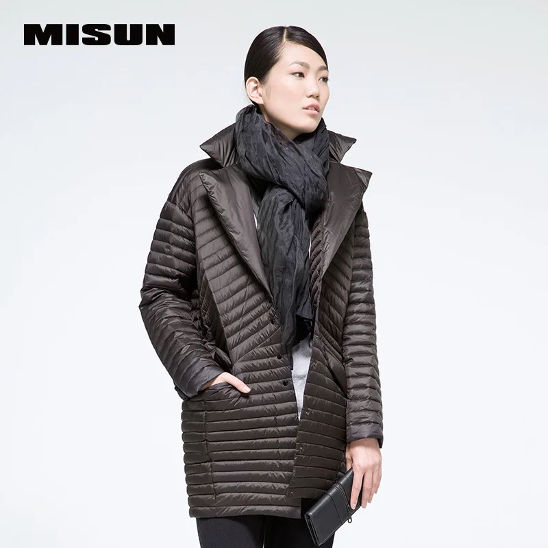 Новое поступление misun2016, тонкое мягкое пуховое пальто средней длины для женщин, модное цветное лоскутное пальто