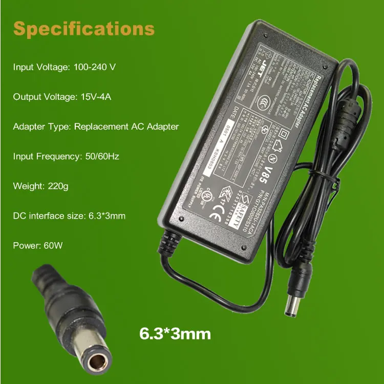 15 в 4A 6 3*3 0 мм 60 Вт Замена для Toshiba Satellite PA3282U 1ACA PA2450U 00489A 3220 ноутбук AC зарядное